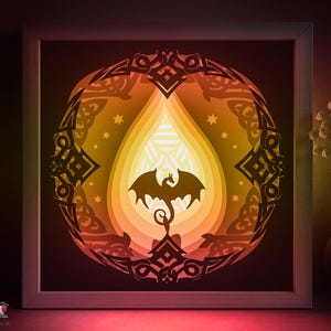 Modèle SVG Dragon Mandala Shadow box, cadre bougie Papercut Lightbox cricut SVG, motif runique 3D en couches papier découpé Runes Light box DXF