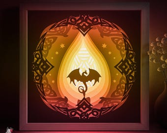 Dragon Mandala Shadow box SVG Template, Candle Frame Papercut Lightbox cricut SVG, Runic Pattern 3D layered Paper cut Runes Light box DXF