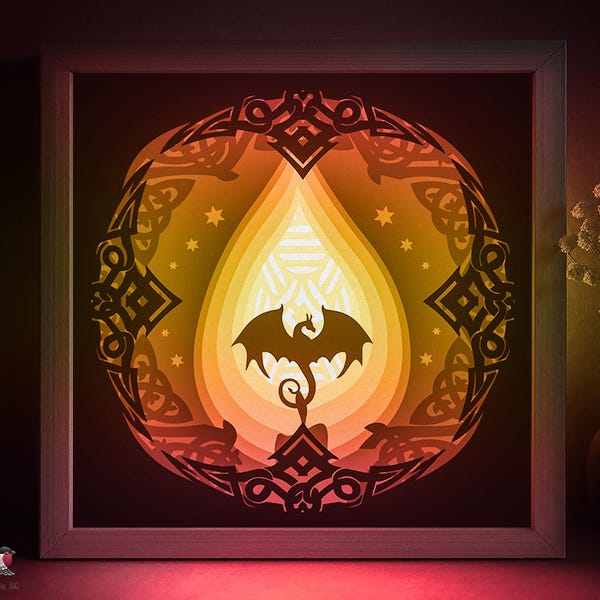 Modello SVG per scatola ombra mandala drago, cornice per candele Papercut Lightbox cricut SVG, modello runico 3D a strati Paper cut Rune Lightbox DXF