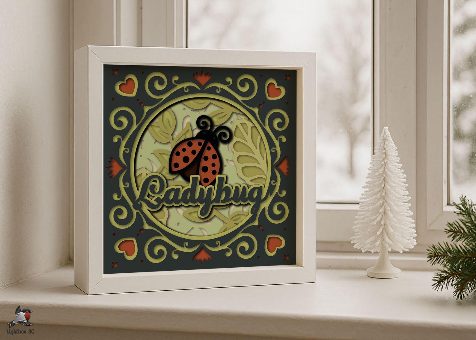 3D Ladybug Shadow Box SVG Template, Colored Plant Leaves Papercut ...