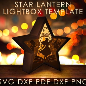 Modello SVG per scatola luminosa con lanterna stellare di Alice nel paese delle meraviglie, modello SVG per scatola luminosa in carta ritagliata da fiaba, modello SVG per cricut, modello 3D per scatola luminosa in carta ritagliata a strati con carta da pacchi.