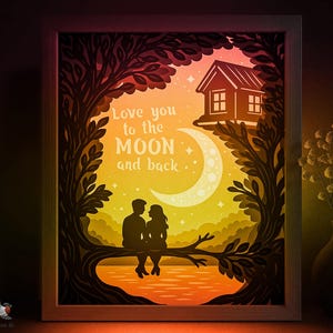 Ik hou van je tot de maan en terug 3D gelaagde lightbox SVG-sjabloon, romantisch paar papercut schaduwboxbestand voor Cricut en lasersnijden