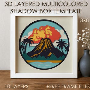 Plantilla SVG de caja de sombra de montaña volcánica 3D, corte de papel coloreado Cricut SVG, caja de cartón de corte de papel en capas de paisaje 3D, Papercraft, cartulina DXF