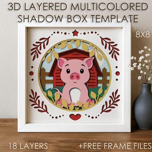 Boerderij varken Baby Shadow box SVG-sjabloon, Knorretje gekleurde Papercut Shadow box cricut SVG, 3D gelaagde papier gesneden kartonnen doos Papercraft Cardstock DXF