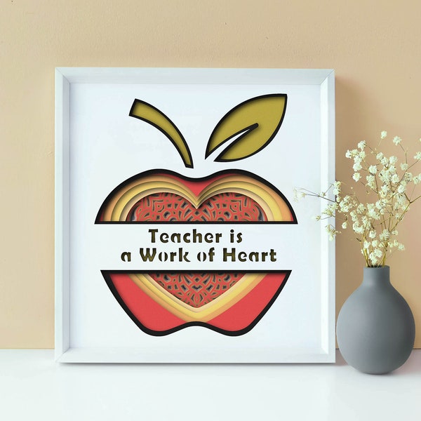 Teacher Shadow box SVG Template, Teacher is Work of Heart Papercut Lightbox cricut SVG, 3D layered Apple Paper cut Light box DXF Papercraft Teacher Shadow box SVG Template, Teacher is Work of Heart Papercut Lightbox cricut SVG, 3D layered Apple Paper cut Light box DXF Papercraft
