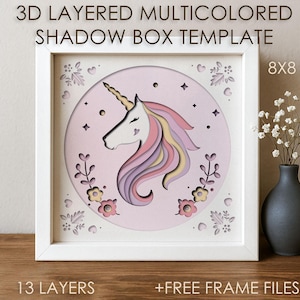 Caixa de sombra de unicórnio fofo SVG Template, Caixa de sombra de papel colorido de cavalo mágico cricut SVG, Caixa de cartão de papel cortado em camadas 3D Animal pastel DXF