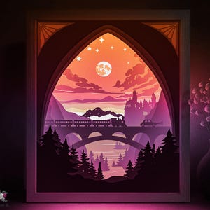 Nachttrein schaduw doos SVG-sjabloon, bergbos natuur papercut lightbox cricut SVG, 3D gelaagde papier gesneden lichtbak DXF Papercraft