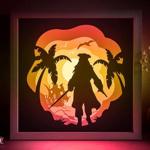 Piraten Schattenbox SVG Vorlage, Pirateninsel Papierschnitt Lightbox Cricut SVG, 3D Schicht Karibik Papierschnitt Lightbox DXF Papierkunst
