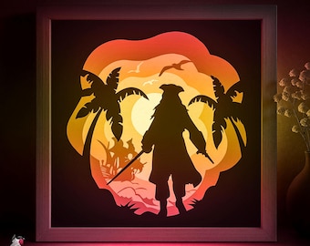 Pirate Shadow box SVG Template, Pirate island Papercut Lightbox cricut SVG, 3D layered Caribbean Sea Paper cut Light box DXF Papercraft