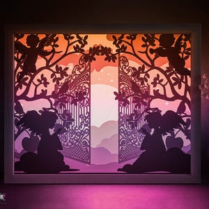 Heaven Gate Shadow box modèle SVG, anges Papercut Lightbox cricut SVG, 3D en couches papier découpé Lightbox DXF Papercraft