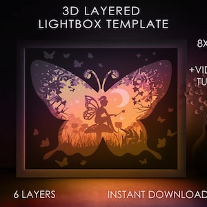 Modèle SVG fée ombre boîte, papillon conte de fées Papercut Lightbox cricut SVG, 3D en couches papier découpé boîte lumineuse DXF Papercraft