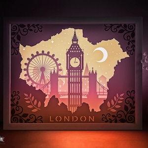 Engeland kaart Shadow box SVG-sjabloon, Big Ben Lightbox cricut SVG, 3D gelaagde London Eye Papercut Light Box DXF Papercraft