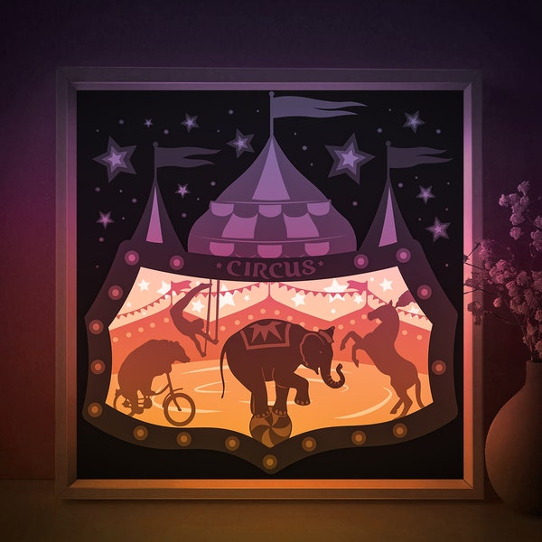 Fairytale Circus Shadow box SVG Template, Animals Papercut Lightbox cricut SVG, 3D layered Castle tent Paper cut Light box DXF Papercraft