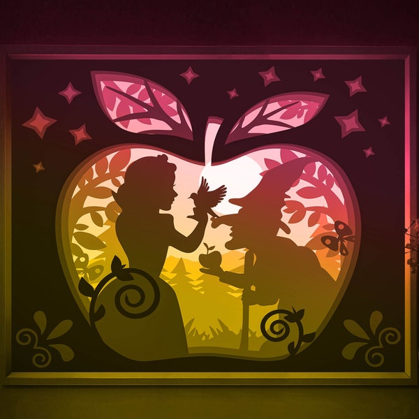 Snow White Shadow box SVG Template, Fairytale Princess Papercut Lightbox cricut SVG, 3D layered Paper cut Light box DXF 8x10 Papercraft Snow White Shadow box SVG Template, Fairytale Princess Papercut Lightbox cricut SVG, 3D layered Paper cut Light box DXF 8x10 Papercraft
