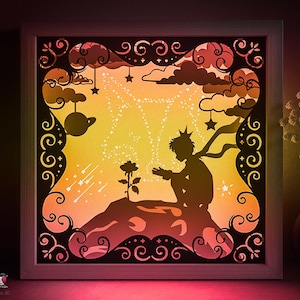 Modello SVG per scatola delle ombre del piccolo principe, Lightbox in carta ritagliata da favola Cricut SVG, Lightbox in carta ritagliata a strati 3D DXF Papercraft