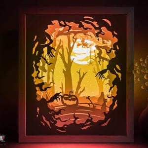 Modello SVG per scatola delle ombre con decorazioni di Halloween, Lightbox in carta tagliata con foresta oscura inquietante Cricut SVG, Lightbox in carta tagliata a strati 3D DXF Papercraft