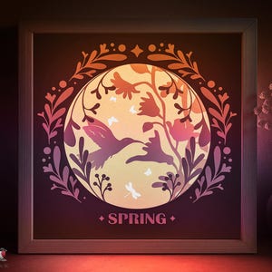 Modello SVG per scatola ombreggiata con ispirazione primaverile, Lightbox in carta ritagliata con uccello colibrì Cricut SVG, Fiori di colibrì a strati 3D Lightbox in carta ritagliata