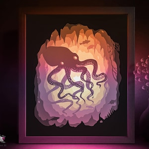 Modello SVG per scatola ombra polpo, Lightbox in carta ritagliata sul fondo dell'oceano Cricut SVG, Silhouette a strati 3D Lightbox in carta ritagliata DXF Papercraft