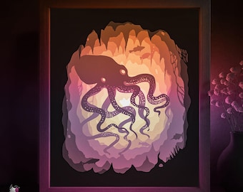 Octopus Shadow box SVG Template, Ocean Bottom Papercut Lightbox cricut SVG, 3D layered silhouette Paper cut Light box DXF Papercraft