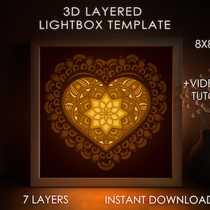 Plantilla SVG de caja de sombra de mandala de corazón, caja de luz de corte de papel multicapa cricut SVG, caja de luz de corte de papel en capas 3D DXF Papercraft
