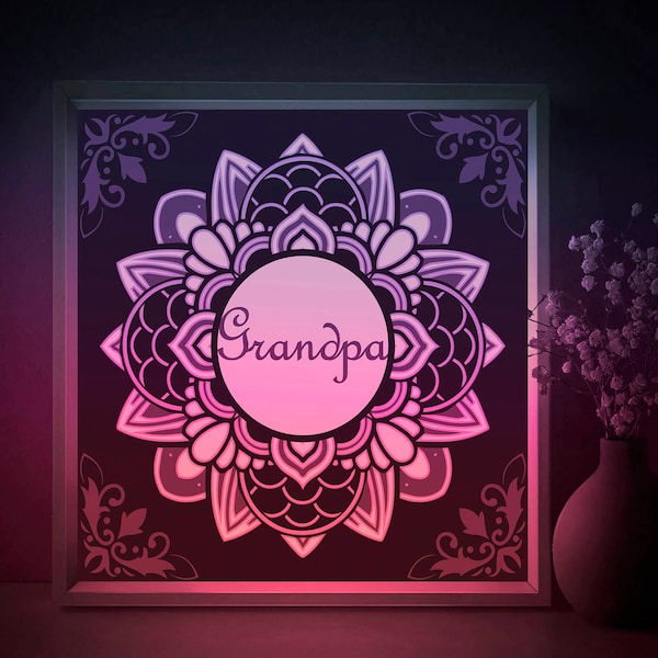 Grandpa Shadow box SVG Template, Mandala flower Papercut Lightbox cricut SVG, 3D layered Fathers day Paper cut Light box Family Papercraft Grandpa Shadow box SVG Template, Mandala flower Papercut Lightbox cricut SVG, 3D layered Fathers day Paper cut Light box Family Papercraft