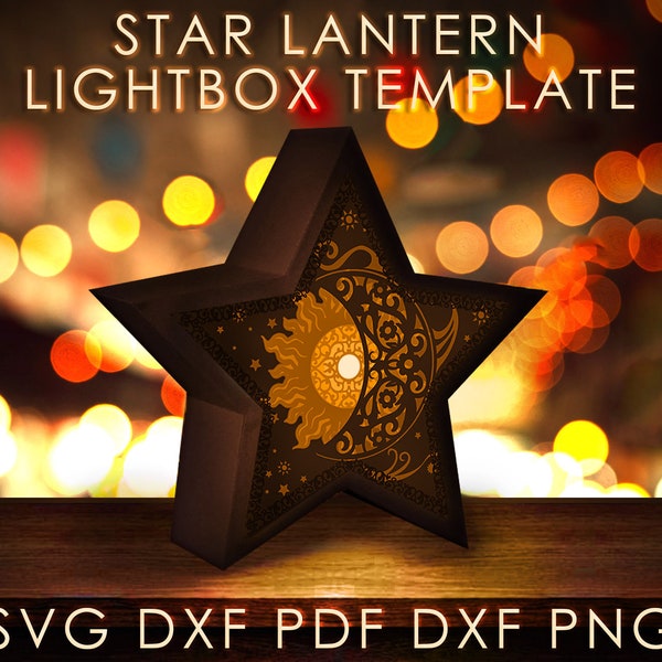 Star and Moon Star Lantern Shadow box SVG Template, Pattern Mandala Papercut Lightbox cricut SVG, 3D layered Paper cut Light box Papercraft