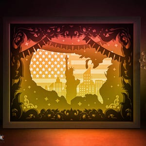 Amerikanische Flagge Schattenbox SVG-Vorlage, USA Karte Papierschnitt Lightbox Cricut SVG, 3D überlagert Vaterländisch Papierschnitt Lightbox Papercraft dxf