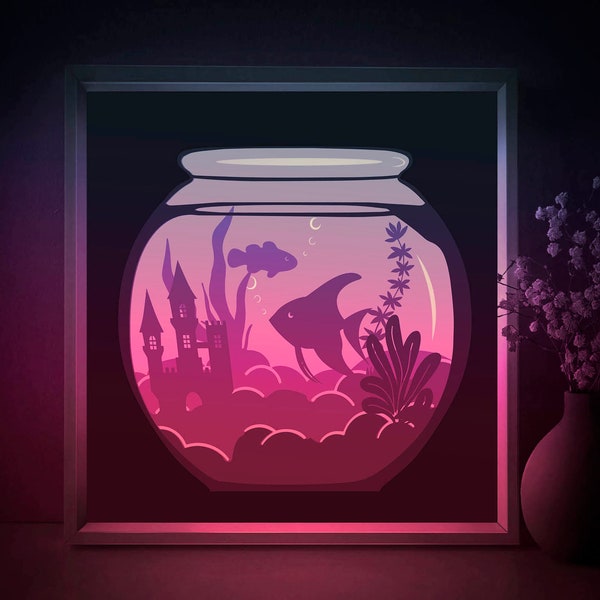 Aquarium Fish Shadow box SVG Template, Papercut Lightbox cricut SVG, 3D layered Paper cut Light box DXF Papercraft