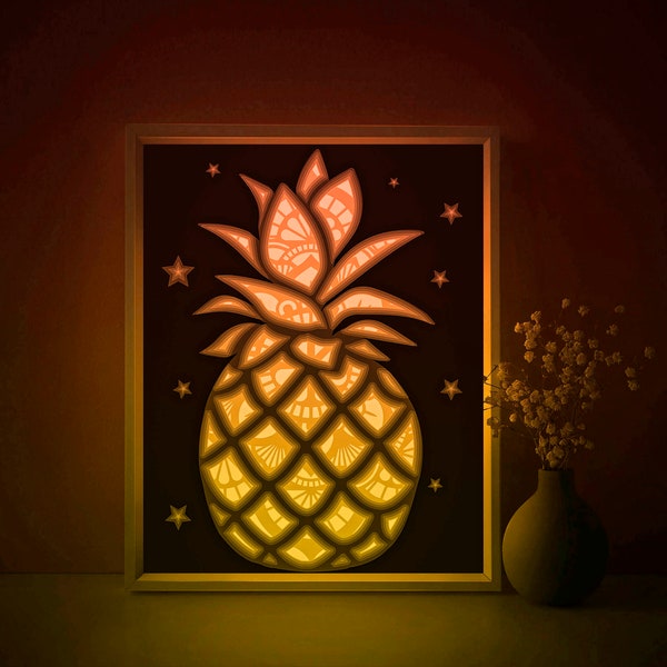 Pineapple Mandala Shadow box SVG Template, Fruit Pattern Papercut Lightbox cricut SVG, 3D layered Paper cut Light box DXF Papercraft Pineapple Mandala Shadow box SVG Template, Fruit Pattern Papercut Lightbox cricut SVG, 3D layered Paper cut Light box DXF Papercraft