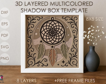 3D Traumfänger Schattenbox SVG-Vorlage, farbiges Boho Ethnic Pattern Papercut Lightbox Cricut-Datei, magische Mandala-Karte DXF PNG
