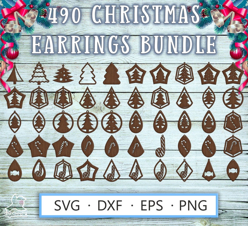 Laser cut earrings template SVG DXF for Cricut, Glowforge, Silhouette – 490 wood craft designs for Christmas earrings with holiday tree shapes, candy canes, festive sweets and plywood jewelry templates