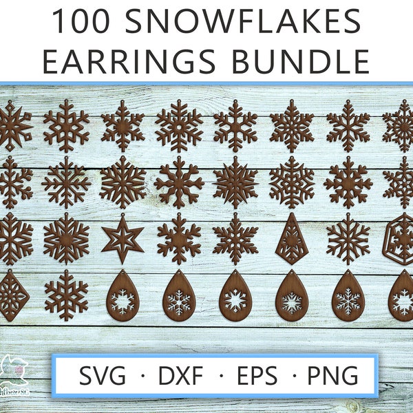 100 Christmas Snowflakes earrings SVG bundle, Png DXF laser cut, earrings glowforge cricut svg merry xmas winter pattern jewelry templates