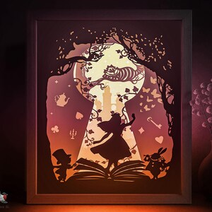 Alice nel paese delle meraviglie favola Shadow box SVG Template, Papercut Lightbox Cricut SVG, 3D stratificato Papercut Light box DXF Papercraft