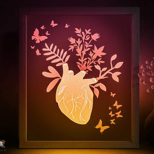 Fleur coeur ombre boîte modèle SVG, Saint-Valentin Papercut Lightbox cricut SVG, papier découpé amour en couches 3D boîte lumineuse DXF Papercraft