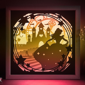 Modello SVG per scatola ombreggiante di Cenerentola, Lightbox in carta ritagliata da principessa delle fiabe Cricut SVG, Lightbox in carta ritagliata a strati 3D DXF Papercraft
