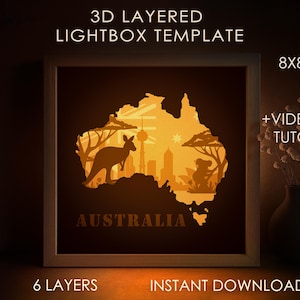 Plantilla SVG de caja de sombra de mapa de Australia, caja de luz de corte de papel de canguro cricut SVG, caja de luz de corte de papel de Sidney en capas 3D DXF Papercraft