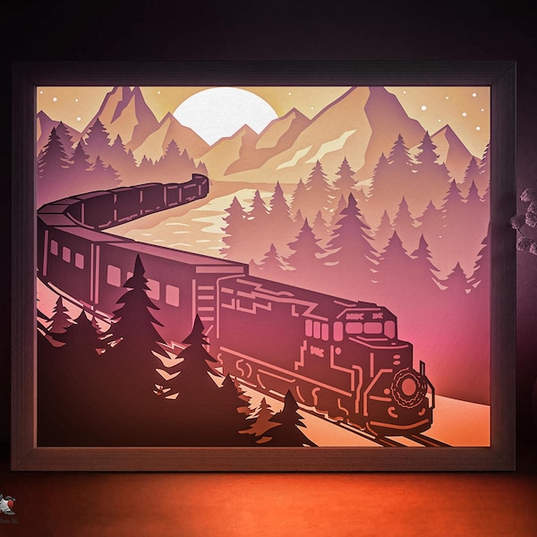 Szablon Night Train Shadow box SVG, Mountain Forest Lake Nature Papercut Lightbox cricut SVG, 3D warstwowe pudełko 8x10 Papercut Lightbox DXF