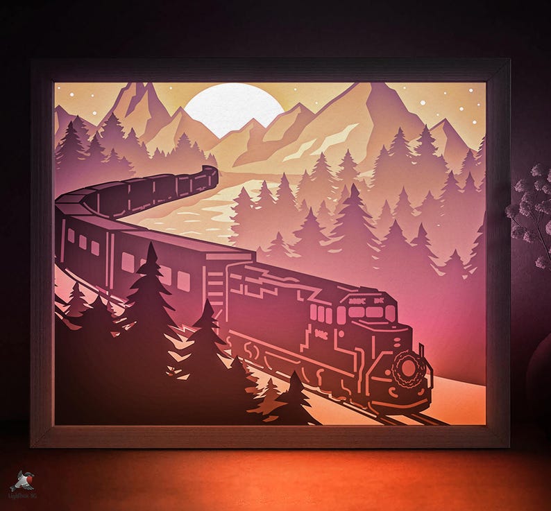 Night Train Shadow Box SVG Template, Mountain Forest Lake Nature ...