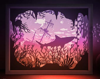 Shark fish Shadow box SVG Template, Ocean bottom Papercut Lightbox cricut SVG, 3D layered Paper cut Light box DXF Papercraft