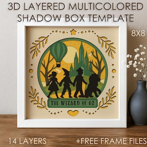 Puede incluir: Un plantilla de caja de sombras 3D multicapa de 20x20 cm con el tema del Mago de Oz. El diseño incluye siluetas de personajes, un globo aerostático y la Ciudad Esmeralda, con el texto "The Wizard of Oz". El marco es blanco.