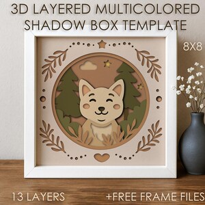 Forest Baby Cat Shadow box SVG DXF-sjabloon, gekleurde Papercut Animal cricut-bestand, 3D gelaagd papier gesneden vak Papercraft Cardstock-kunst