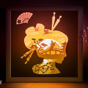 Japon Scape Shadow box modèle SVG, Geisha japonaise Papercut Lightbox cricut SVG, 3D en couches papier découpé Lightbox DXF Papercraft