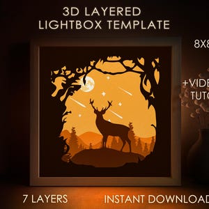 Plantilla SVG de caja de sombra de ciervo del bosque, caja de luz de corte de papel de naturaleza de montañas, caja de luz de corte de papel en capas 3D DXF Papercraft