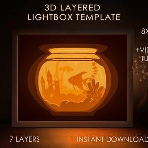 Aquariumvissen Shadow box SVG-sjabloon, Papercut Lightbox cricut SVG, 3D gelaagde Papercut Light Box DXF Papercraft 8 x 10 rechthoekige doos