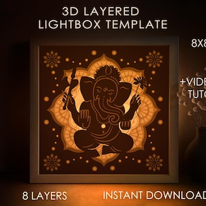 Ganesha God Shadow box SVG Template, Mandala Flower Papercut Lightbox cricut SVG, 3D layered Hindi Papercut Light box DXF Papercraft