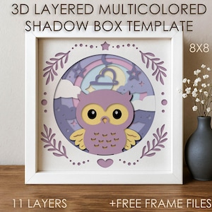 Baby uil schaduw doos SVG-sjabloon, nachtdroom slaapliedje gekleurde papercut schaduw doos cricut SVG, 3D gelaagde papier gesneden kartonnen doos schattige dieren DXF