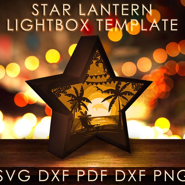 Beach Star Lantern Shadow box SVG Template, Palm Trees Sea Papercut Lightbox cricut SVG, 3D layered Paper cut Light box DXF Papercraft