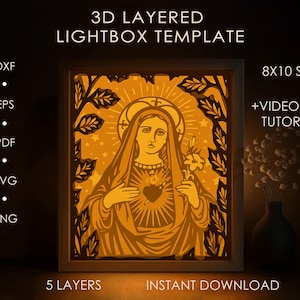 Ave Maria Shadow box SVG-sjabloon, Mary Virgin Papercut Lightbox cricut SVG, 3D gelaagde christelijke papier gesneden lichtbak DXF Papercraft
