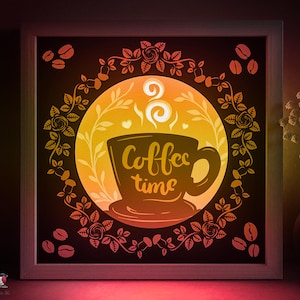 Modello SVG per scatola ombra con tazza di caffè, modello per chicchi di caffè Papercut Lightbox Cricut SVG, Lightbox con taglio di carta a strati 3D DXF Papercraft