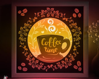 Cup of Coffee Shadow box SVG Template, Coffee bean pattern Papercut Lightbox cricut SVG, 3D layered Paper cut Light box DXF Papercraft